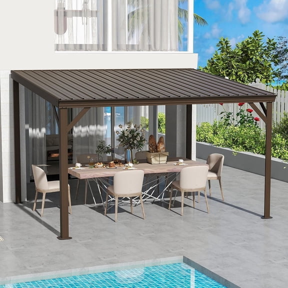 Mondawe 10x12 FT Wall Mounted Lean to Gazebo Hardtop with Galvanized Steel Roof & Gutters, Brown
