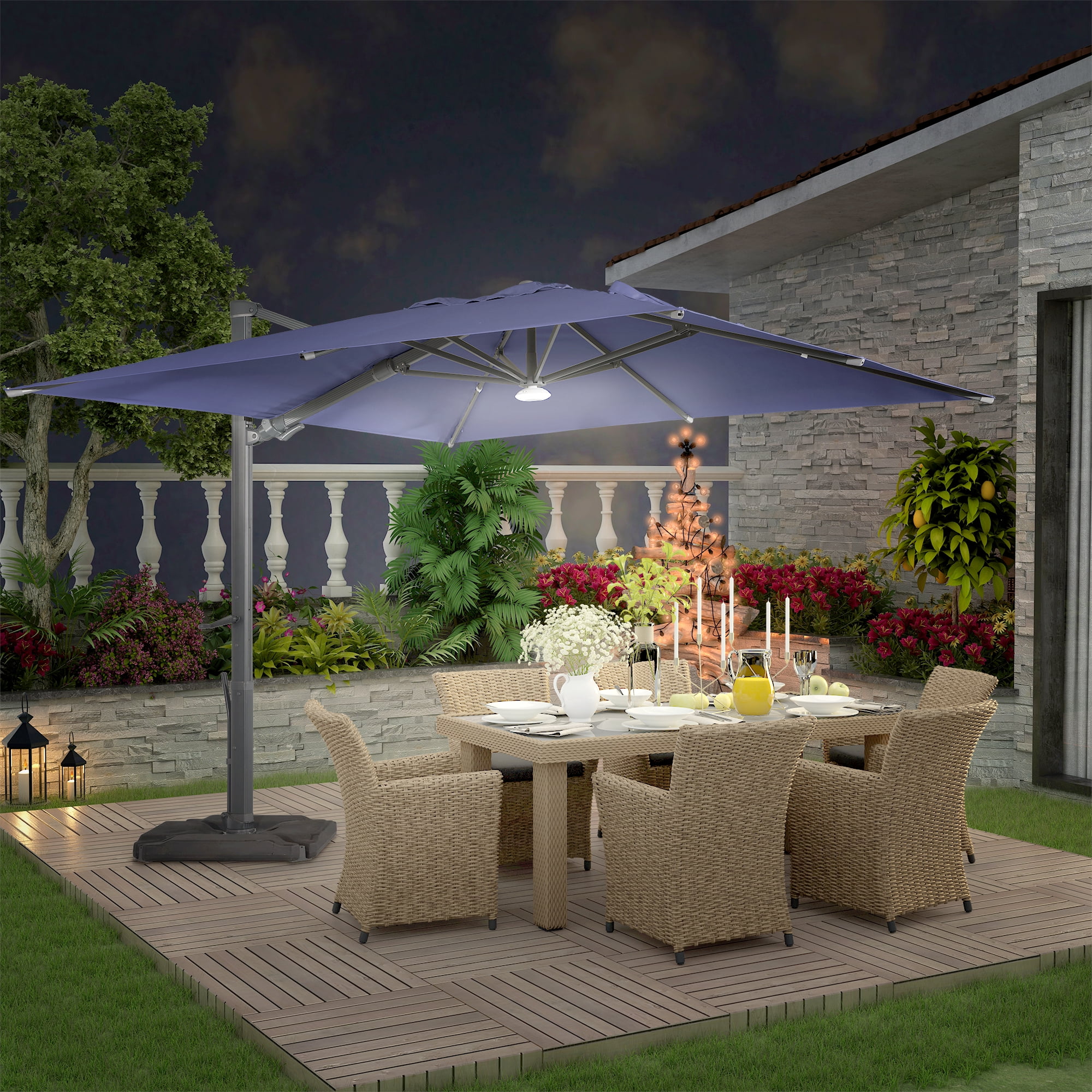 Navy Blue Aluminum Cantilever Patio Umbrella with Lights