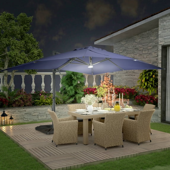 Mondawe 10x13 Ft Patio Cantilever Umbrella with Base,360° Rotation Offset and Bluetooth Speaker,Large Rectangular Outdoor Umbrella for Pool Deck, Navy