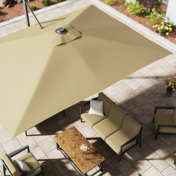Mondawe 10x13 Ft Patio Cantilever Umbrella with Base,360° Rotation Offset and Bluetooth Speaker,Large Rectangular Outdoor Umbrella for Pool Deck, Tan