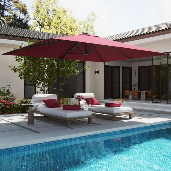 Mondawe 10x13 Ft Patio Cantilever Umbrella with Base,360° Rotation Offset and LED Light Panel,Large Rectangular Outdoor Umbrella for Pool Deck, Red