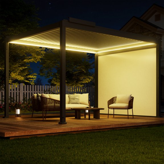 Mondawe 10x13FT Electric Aluminum Louvered Pergola with LED Lights & Electric Projector Screen