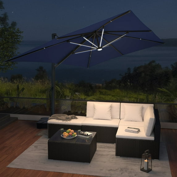 Mondawe 10x13FT Heavy Duty Cantilever Patio Umbrella w/LED Lights,Hanging Offset Outdoor Sun Shade Umbrella,Base Included,Navy Blue