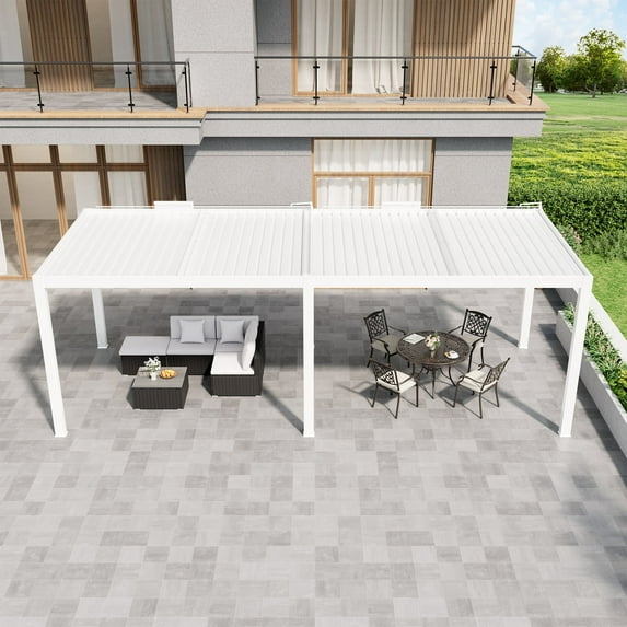 Mondawe 10x25 ft Aluminum Outdoor Pergola Gazebo with Adjustable Louvered Roof and Solar-Powered LED Lights – Modern Weather-Resistant Patio Shade Structure