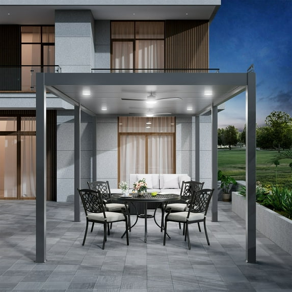 Mondawe 10x26 ft Aluminum Outdoor Pergola Gazebo with Adjustable Louvered Roof and Solar-Powered LED Lights – Modern Weather-Resistant Patio Shade Structure