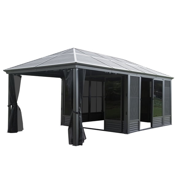Mondawe 11'x21' Ft Hardtop Outdoor Gazebo,Galvanized Steel Roof, Detachable PE Screens, 2 Lockable Sliding Doors, Netting & Curtains Included