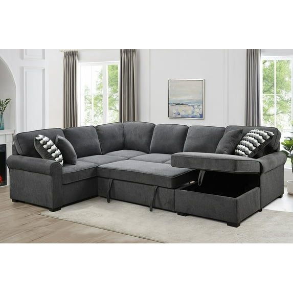 Mondawe 117" Oversized Sectional Sofa with Storage Chaise, Rolled Arms U Shaped Sectional Couch ,Removable Soft Backrest Cushions, with 4 Throw Pillows for Large Space Dorm Apartment,Dark Gray