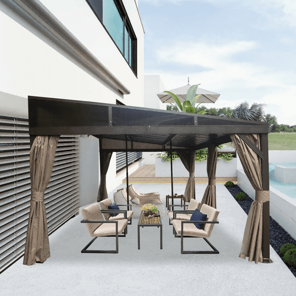 Mondawe 12 ft. x 20 ft. Outdoor Aluminum Frame Galvanized Steel Roof Wall Mounted Gazebo with Curtains and Netting