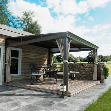 Mondawe 12' x 14' Gazebo for Patio, Wall-Mounted Gazebo Pergola with Privacy Curtains and Nettings,Large Hard Top Lean to Pergola,Metal Awnings Gazebos for Deck, Porch, Backyard