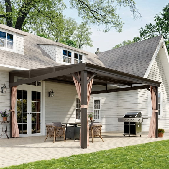Mondawe 12' x 14' Gazebo for Patio, Wall-Mounted Gazebo Pergola with Privacy Curtains and Nettings,Large Hard Top Lean to Pergola,Metal Awnings Gazebos for Deck, Porch, Backyard