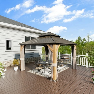 Mondawe 12'x12' Hard Top Metal Gazebo Patios Double Roof Canopy Cedar Wood Frame Garden Gazebo Tent Curtains Netting for Porch Patios Decks Lawns