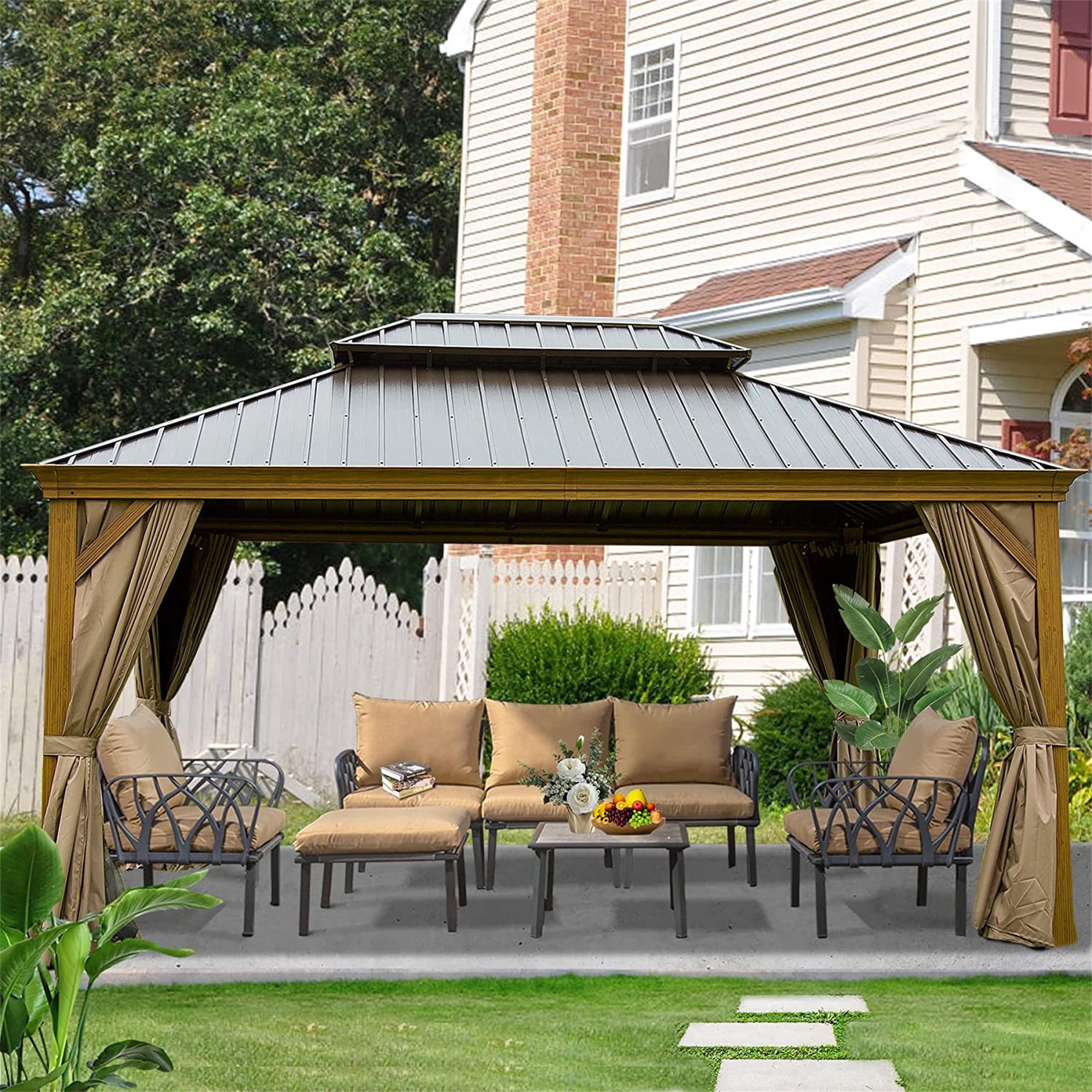 Mondawe 12'x16' Hardtop Gazebo Outdoor Aluminum Wood Grain Gazebos with
