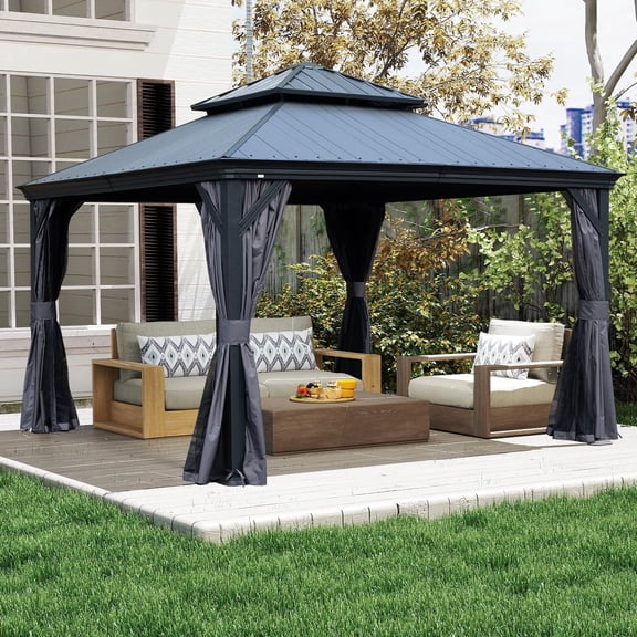 Mondawe 12x12 Ft Outdoor Aluminum Plastic Hardtop Gazebo with Curtains and Mosquito Netting, Metal Garden Canopy for Backyard