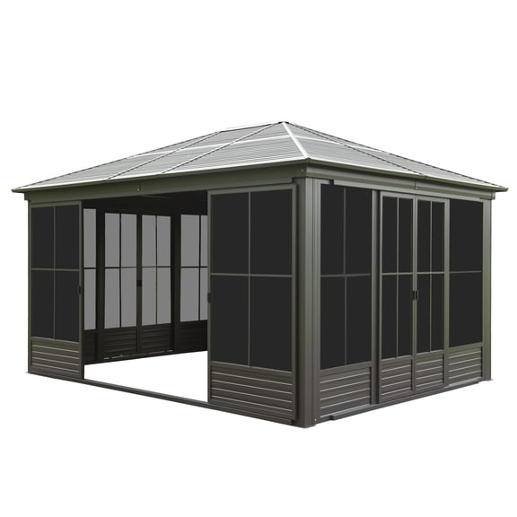 Mondawe 12x14FT Outdoor Sunroom - Galvanized Steel Hardtop Gazebo, Lockable Door & Movable PC Screen for Patio Backyard