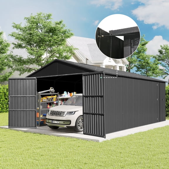 Mondawe 12x15FT Outdoor Metal Garage Shed with Lockable Double Doors, Heavy Duty Carport for Vehicles & Equipment, Dark Grey