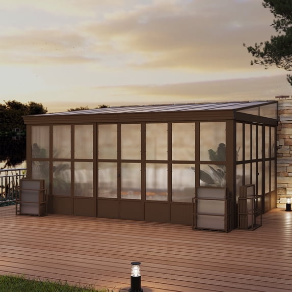 Mondawe 12x16 ft Wall Mounted Hardtop Gazebo Polycarbonate Roof Sunroom w/Detachable PVC Screen, Lockable Sliding Front and Side Doors,Lean to Gazebo for Porch, Patio, Lawns