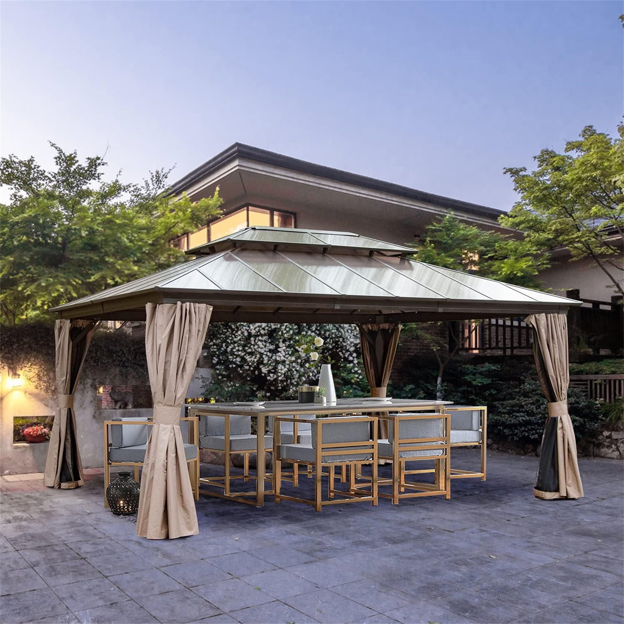 Lucio 12x16ft Brown Aluminum Hardtop Patio Gazebo with Curtains