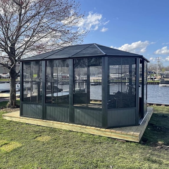 Mondawe 13 x 13 FT Sunroom Octagonal Solarium,Screen Houses for Outdoors Backyard with Lockable Sliding Door,Moveable PC Screen,Galvanized Steel Sloping Roof