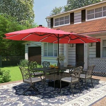 Mondawe 15ft Double-Sided Solar Patio Umbrella with Base (Included) Large Outdoor Umbrella with Solar Lights Red