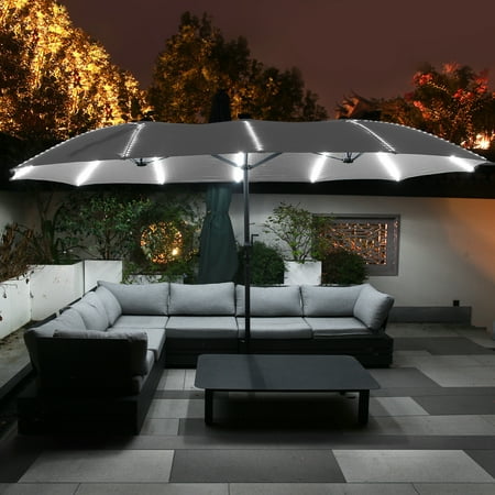 Mondawe 15ft Patio Umbrella,Large Double-Sided Solar LED Outdoor Umbrella with Fiberglass Ribs and Base for Deck Pool, Gray