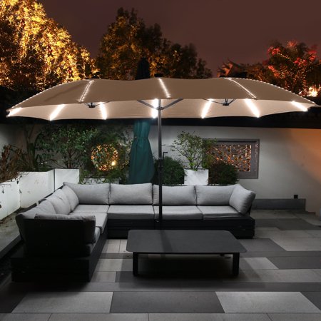 Mondawe 15ft Patio Umbrella,Large Double-Sided Solar LED Outdoor Umbrella with Fiberglass Ribs and Base for Deck Pool, Tan