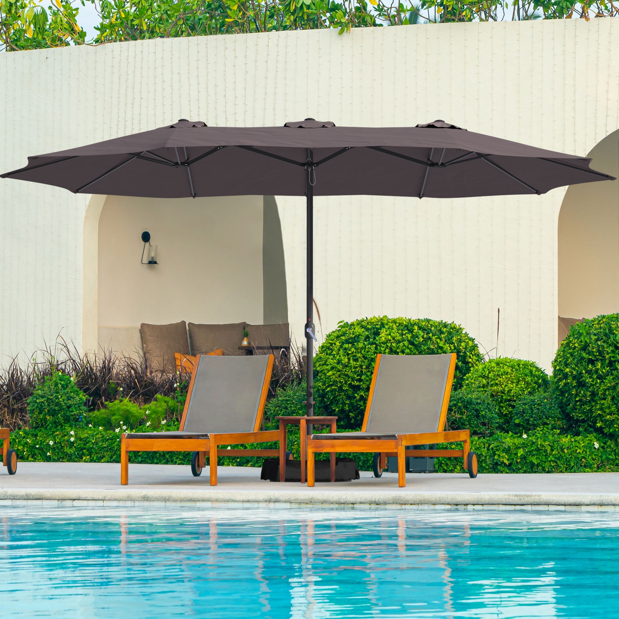 15 ft. Brown Aluminum Market Patio Umbrella with Stand