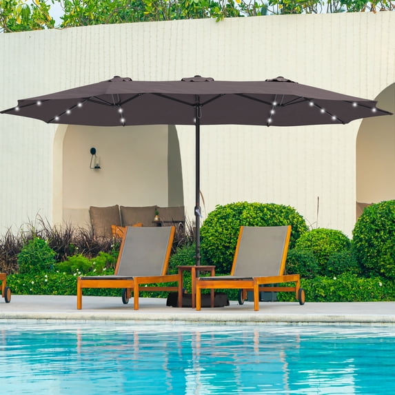 Mondawe 15ft Patio Umbrella Rectangular Outdoor Market Umbrella with Base and LED Lights Coffee