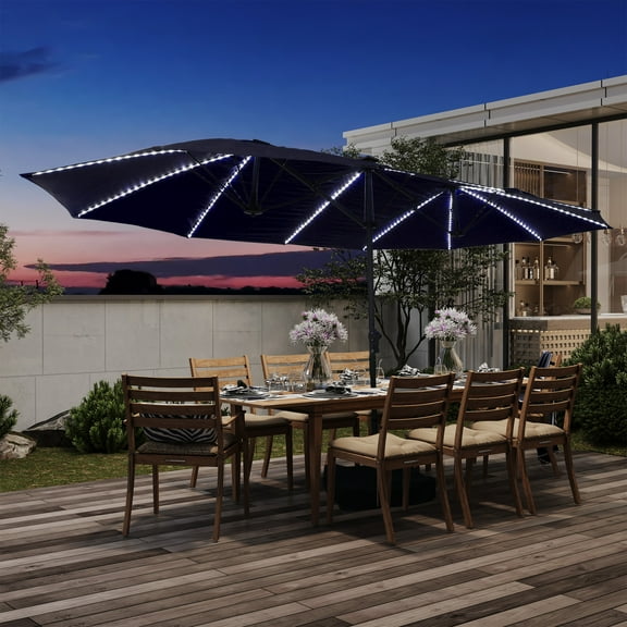 Mondawe 15ft Patio Umbrella with Base Large Lighted Fiberglass Outdoor Market Umbrella Navy Blue