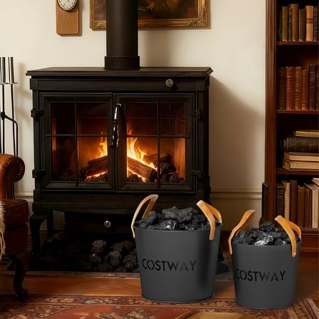 Mondawe 2-Piece Metal Ash Can Set - 11.5 Gal & 8.5 Gal Buckets with Leather Handles for Fireplace & Fire Pit