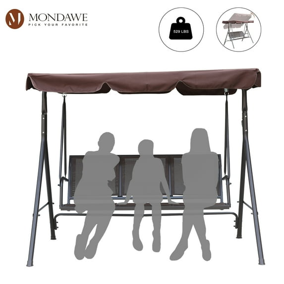 Mondawe 3 Persons Adjustable Porch Swing Steel and Textilene Fabric Glider Patio Canopy Swings for Adults, Coffee