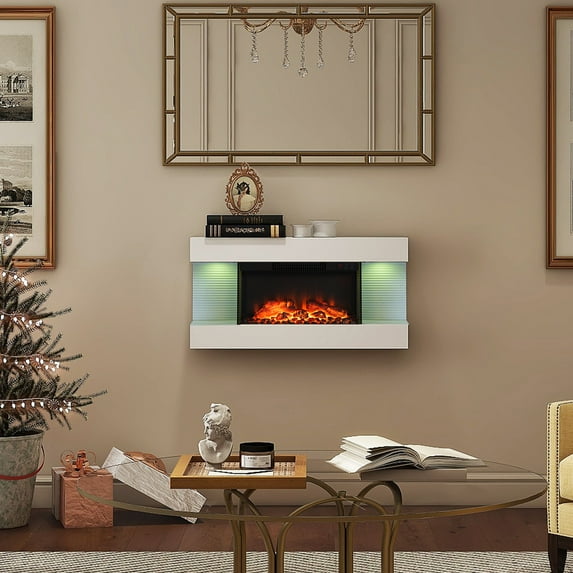 Mondawe 32" Electric Fireplace wall mounted 3 side fireplace with Adjustable LED Flame & Remote Control