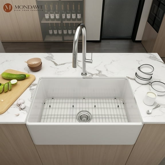 Mondawe 30" Fireclay Drop-In Undermount Single Bowl Kitchen Sink Thick Mounting Deck in White