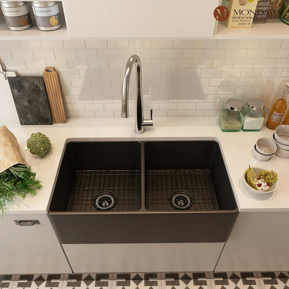 Mondawe 33" Drop-In Undermount Fireclay Double Bowl Kitchen Sink Farmhouse Sink with Thick Mounting Deck in Black