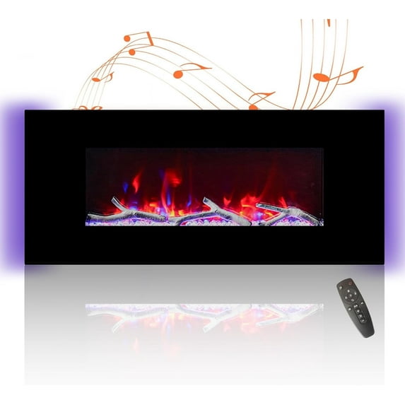 Mondawe 42 Inch Electric Fireplace with Bluetooth Speakers Ultra-Thin Wall Mounted Linear Fireplace Adjustable 8 Flame Colors Low Noise, Control by Button and Remote, 8h Timer