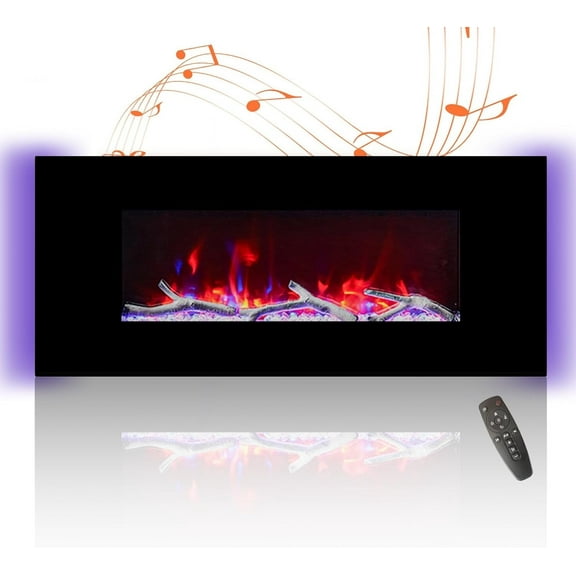 Mondawe 42 Inch Electric Fireplace with Bluetooth Speakers Ultra-Thin Wall Mounted Linear Fireplace Adjustable 8 Flame Colors Low Noise, Control by Button and Remote, 8h Timer