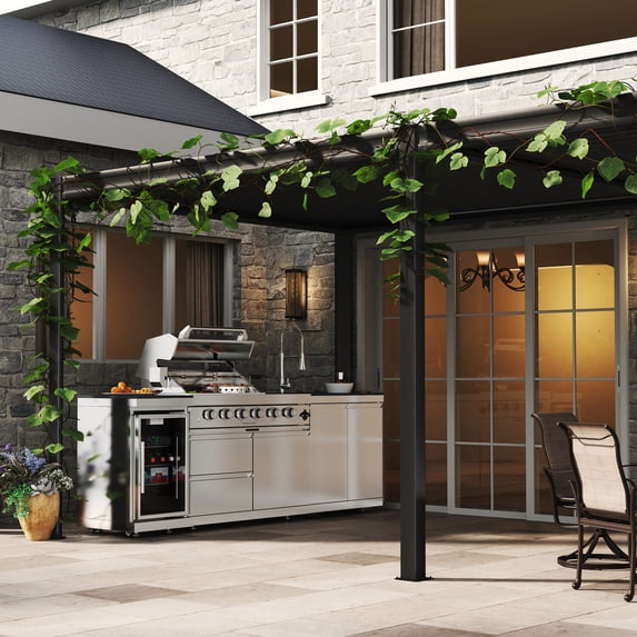 Mondawe 46-Inch 4-Burner 72000 BTU Deluxe Stainless Steel Gas Outdoor Kitchen Bar Barbecue Island Grill + Wine Cooler Compact Refrigerator + Rotisserie + Granite Countertops