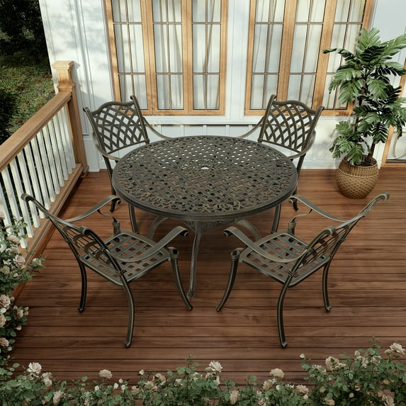 Mondawe 47'' Cast Aluminum Round Table Slanted Grid Dining Table with 2-inch Umbrella Hole