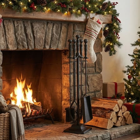 Mondawe 5-Piece Fireplace Tool Set with Stand & Aluminum Handles - Poker, Tongs, Shovel, Brush for Indoor/Outdoor Use