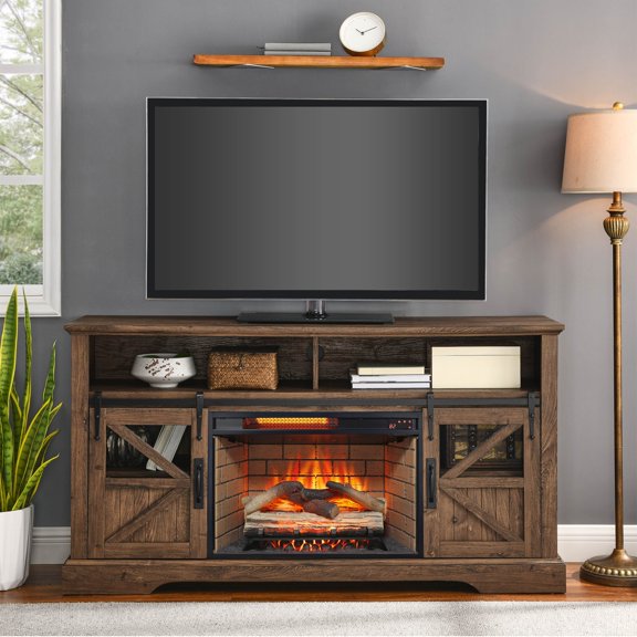 Mondawe 60 Inch Electric Fireplace Entertainment Center With Door Sensor-Reclaimed Barnwood Color