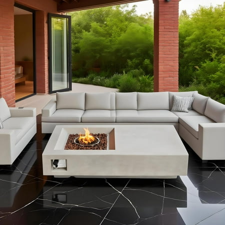 Mondawe 60" Propane Gas Fire Pit Table, 50000 BTU Rectangular Concrete Fire Pit - Light Gray