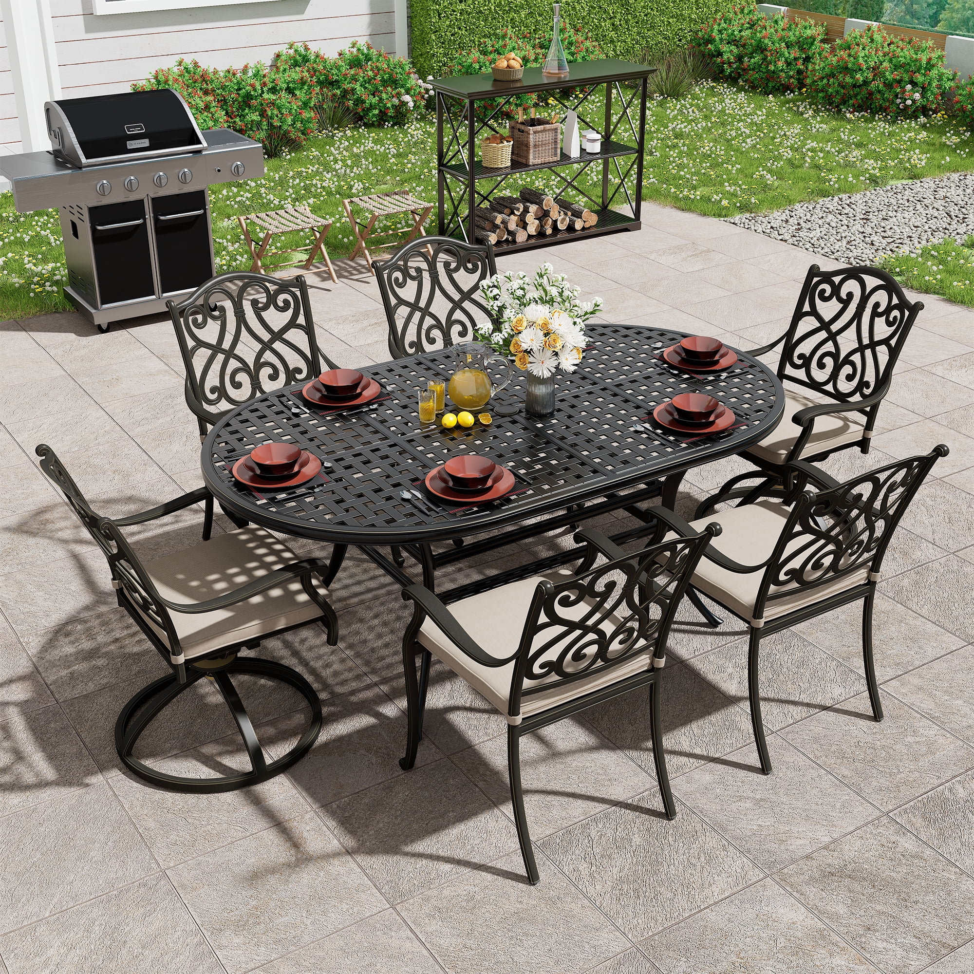Wrought Iron Patio Oval Outdoor Dining Table With Umbrella Hole