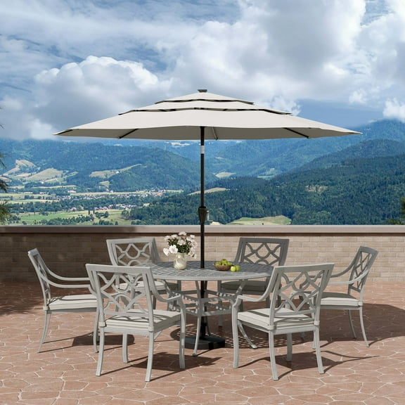 Mondawe 7 Piece Cast Aluminum Outdoor Dining Set Retro Patio Dining Set for 6 Includes 53” Round Table and 6 Chairs with Removable Cushions and Umbrella Hole for Patio Deck Garden Porch
