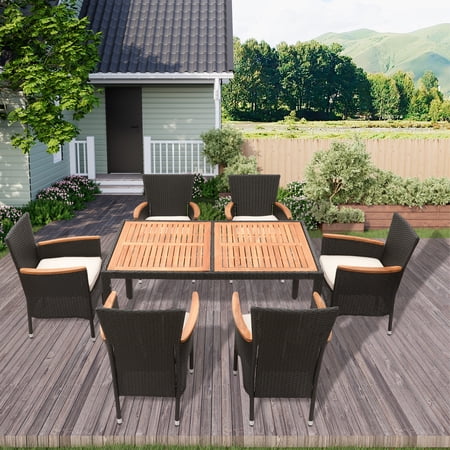 Mondawe 7 Pieces Patio Dining Sets,Outdoor Wicker Patio Furniture Set of 6 Chairs with Soft Cushion,Conversation Set for Backyard, Garden