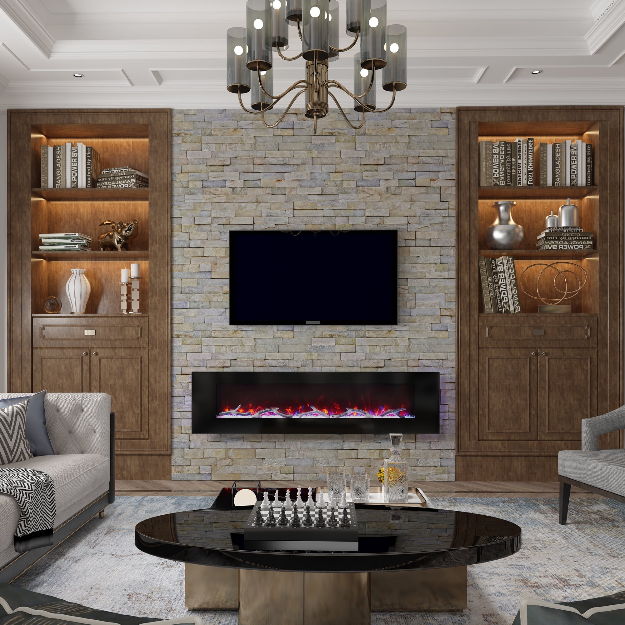 Mondawe 72" Electric Fireplace for Living Room 1500W Wall Mounted Electric  Fireplace Heater with Remote Control,Two-Speaker Stereo Sound,8 Color  Flame, Black - Walmart.com
