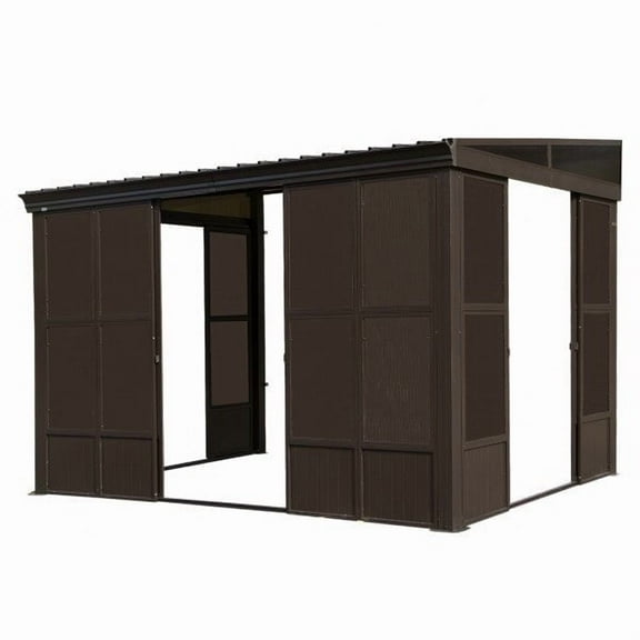 Mondawe 8 ft. x 12 ft. Brown Wall-Mounted Aluminum Frame Sunroom with Galvanized Steel Sloped Roof and Sliding Doors