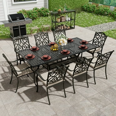 Mondawe 9-Piece Cast Aluminum Rectangular Outdoor Dining Table Set, Extendable 60-80 inch Table and 8 Arc-Shaped Chair with Beige Cushion