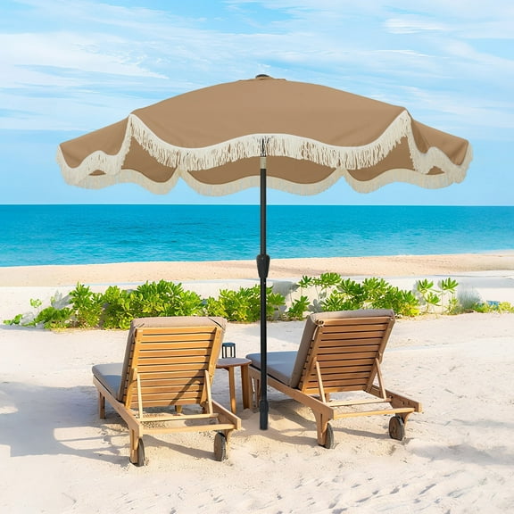 Mondawe 9FT Beach Umbrella with Fringe, Outdoor Market Umbrellas with Crank and Push Button Tilt for Garden Lawn Pool Yard Table, Tan