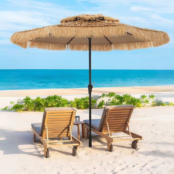 Mondawe 9FT Thatched Tiki Umbrella, Hawaiian Style Beach Umbrella with Crank for Tiki Bar, Pool, Patio, Beach,Brown