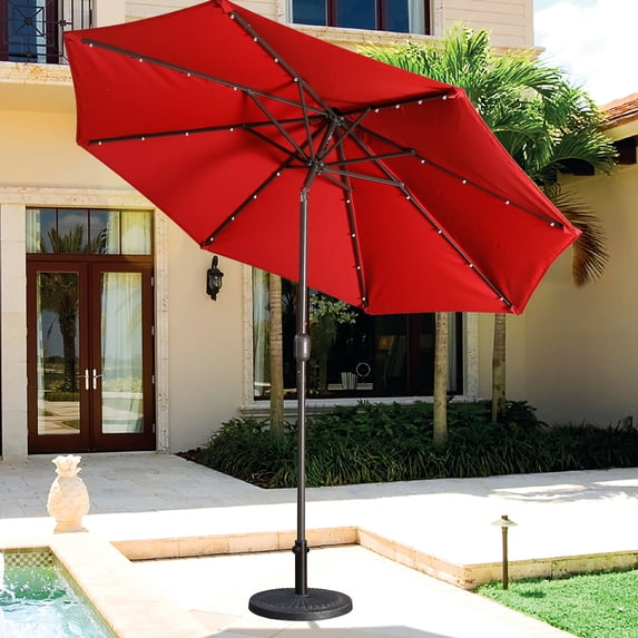 Mondawe 9ft Patio Umbrella 32 LED Solar Light Market Umbrella Red with Tilt and Crank