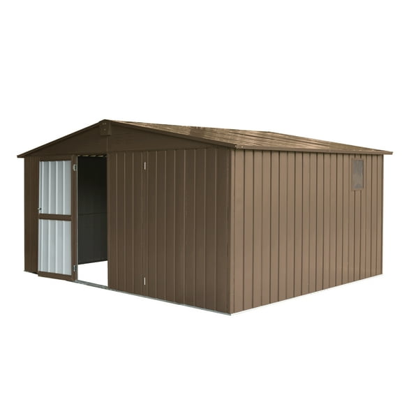 Mondawe Backyard Storage Shed 11' x 12.5' with Galvanized Steel Frame & Windows, Outdoor Garden Shed Metal Utility Tool Storage Room with Lockable Door for Patio(Brown)